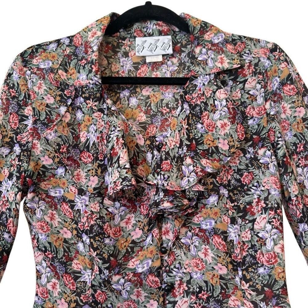Vintage Try 1 Black Floral Ruffled Cropped Blouse Sz S Y2K, Feminine - Picture 2 of 12